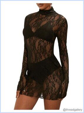 Sheer Lace Mesh Mock Neck Long Sleeve Mini Bodycon Dress Night Out